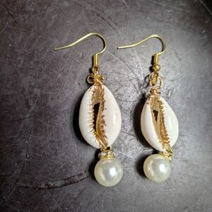 Gold-Accented Cowrie Shell and Pearl Drop Earrings